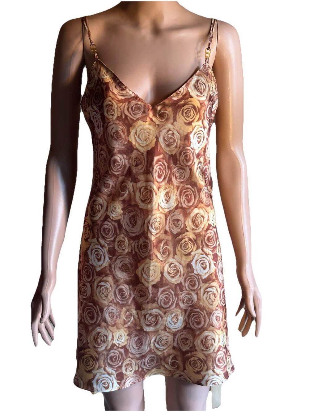La Senza Women's Tan Gold Rose Print Mini Slip Dress Lingerie SZ M Y2K Vintage